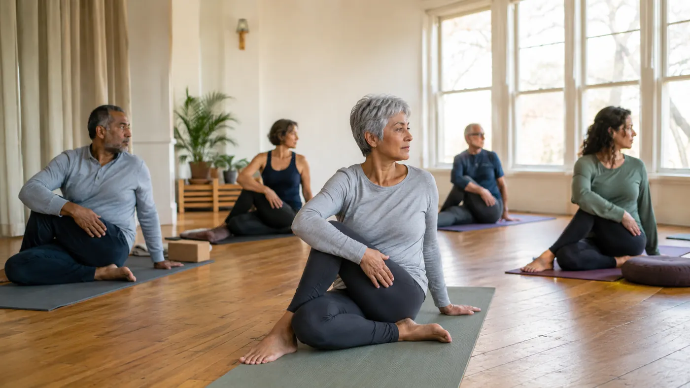 Participants pendant une séance collective de yoga
